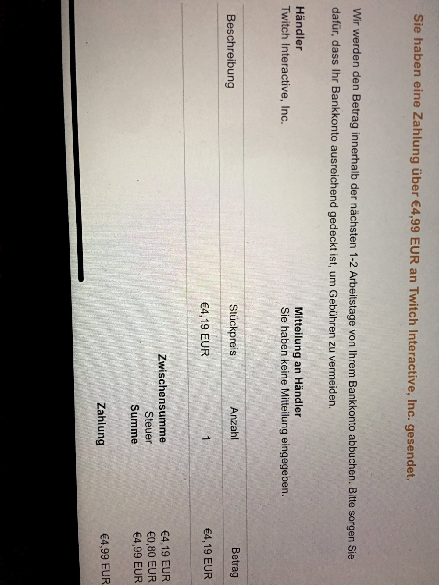 Payment to Twitch does not know why