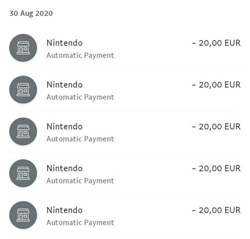 5x direct debits from Nintendo