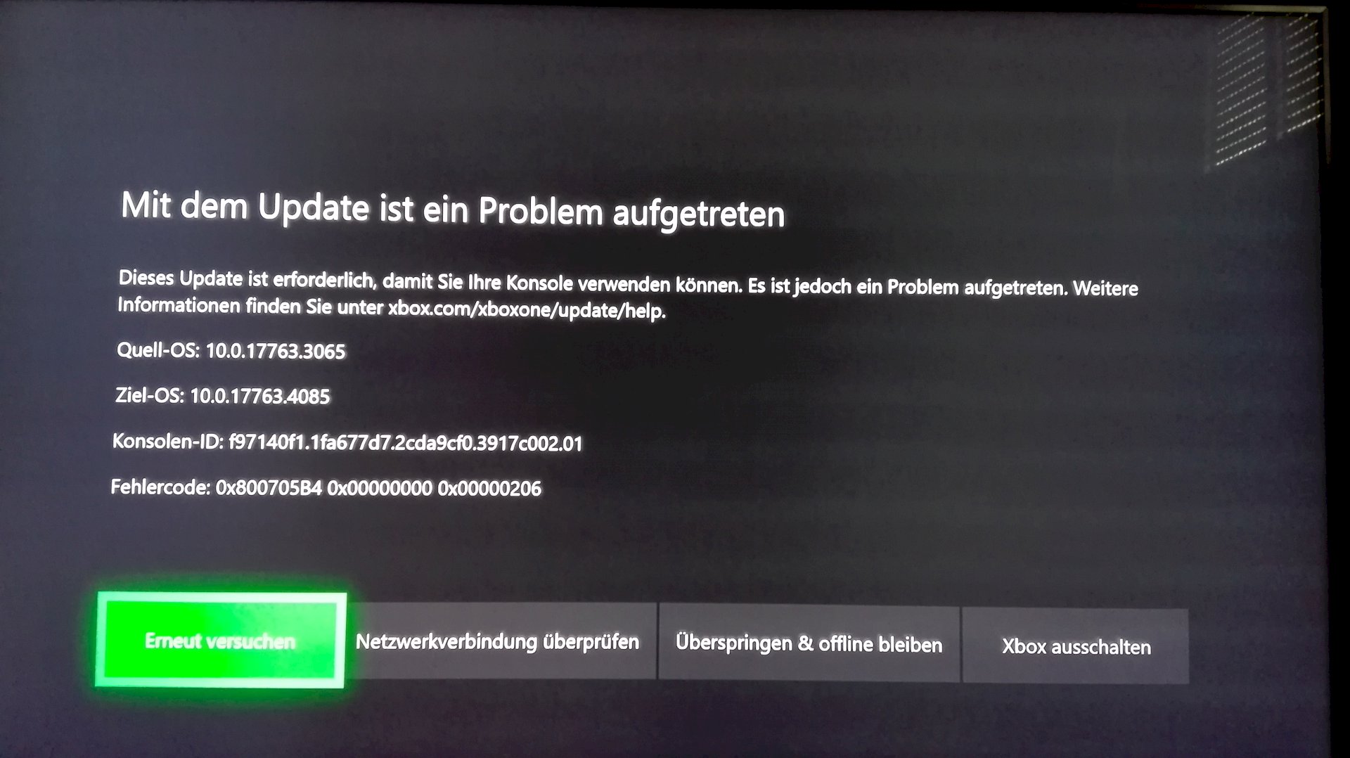 Xbox one error on update